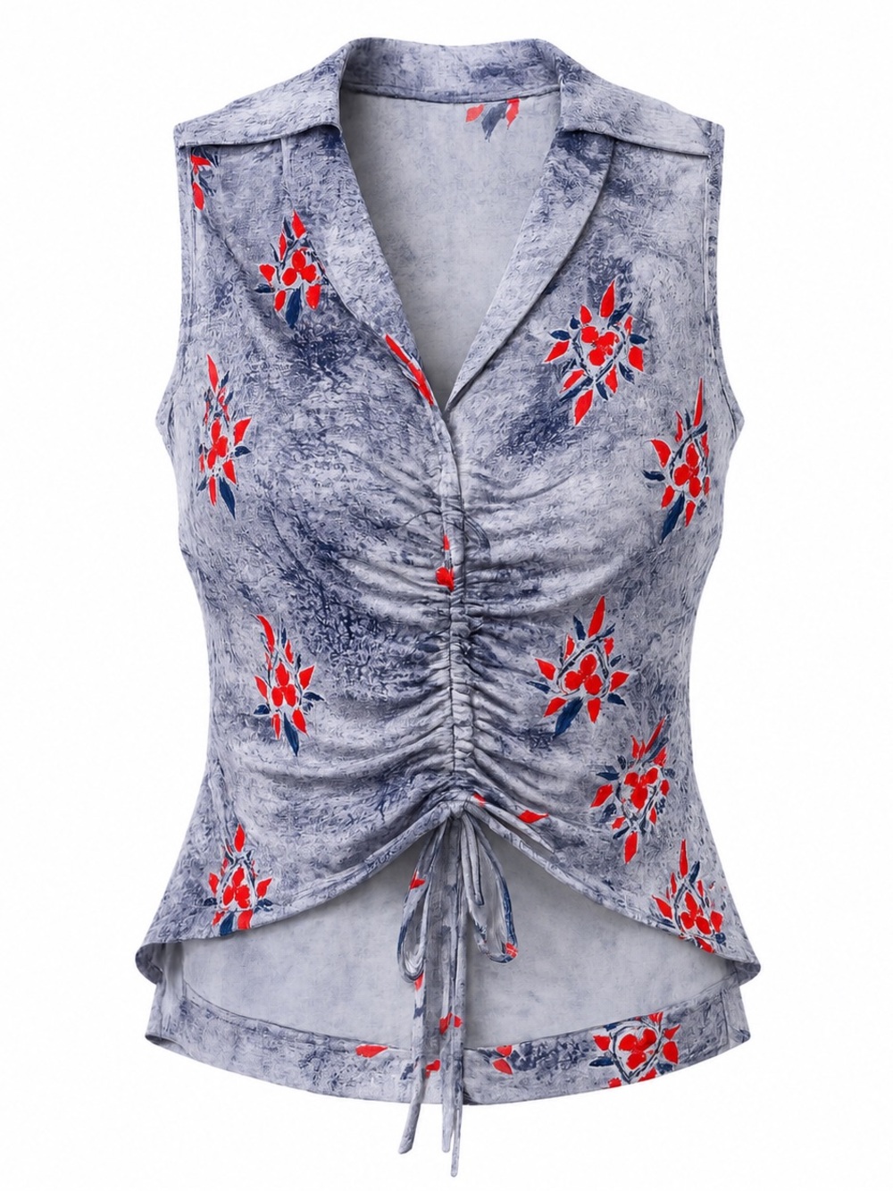 Kim Shui Silk Ruched Drawstring Sleeveless Floral Top Gray Red Size S Italy